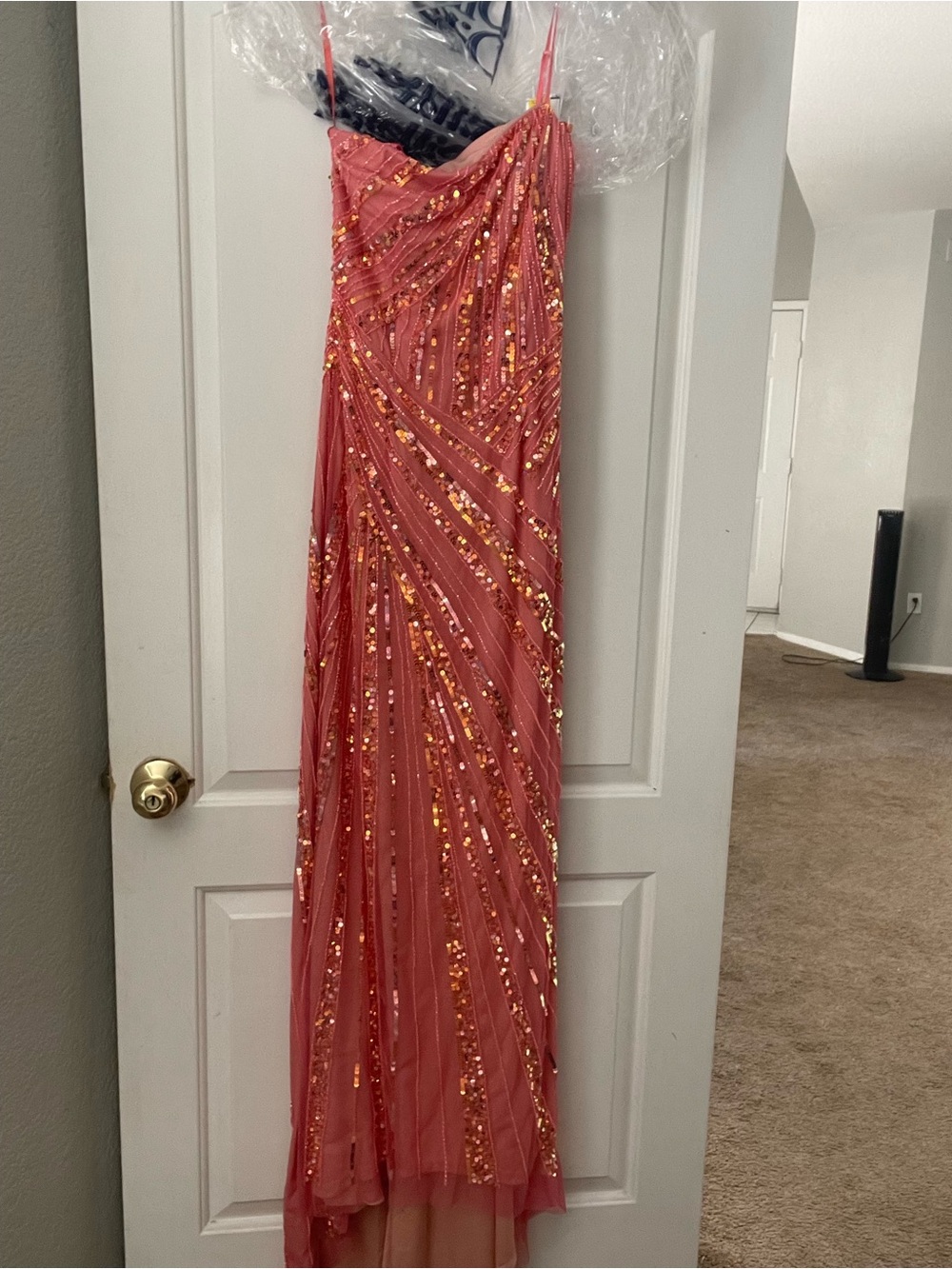Strapless Coral Sequin Evening Dress